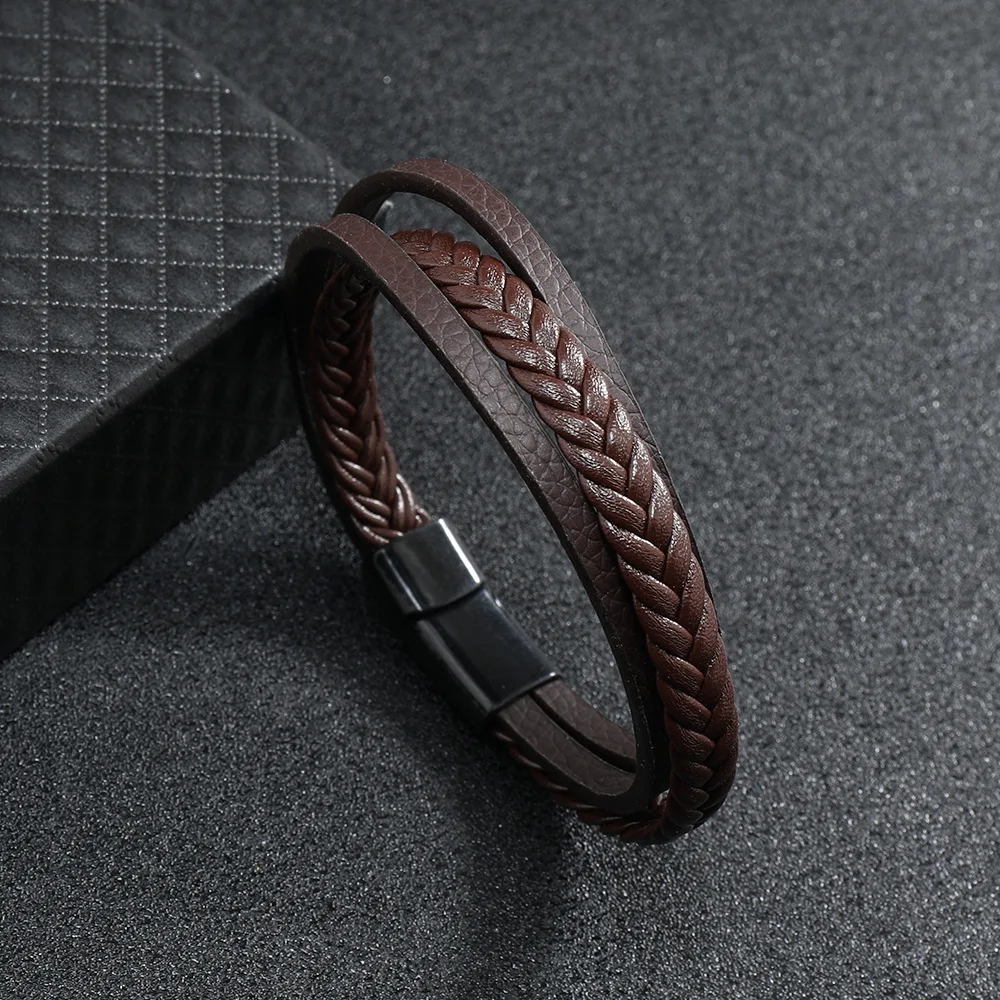 Men Leather Braided Magnetic Punk Bracelet