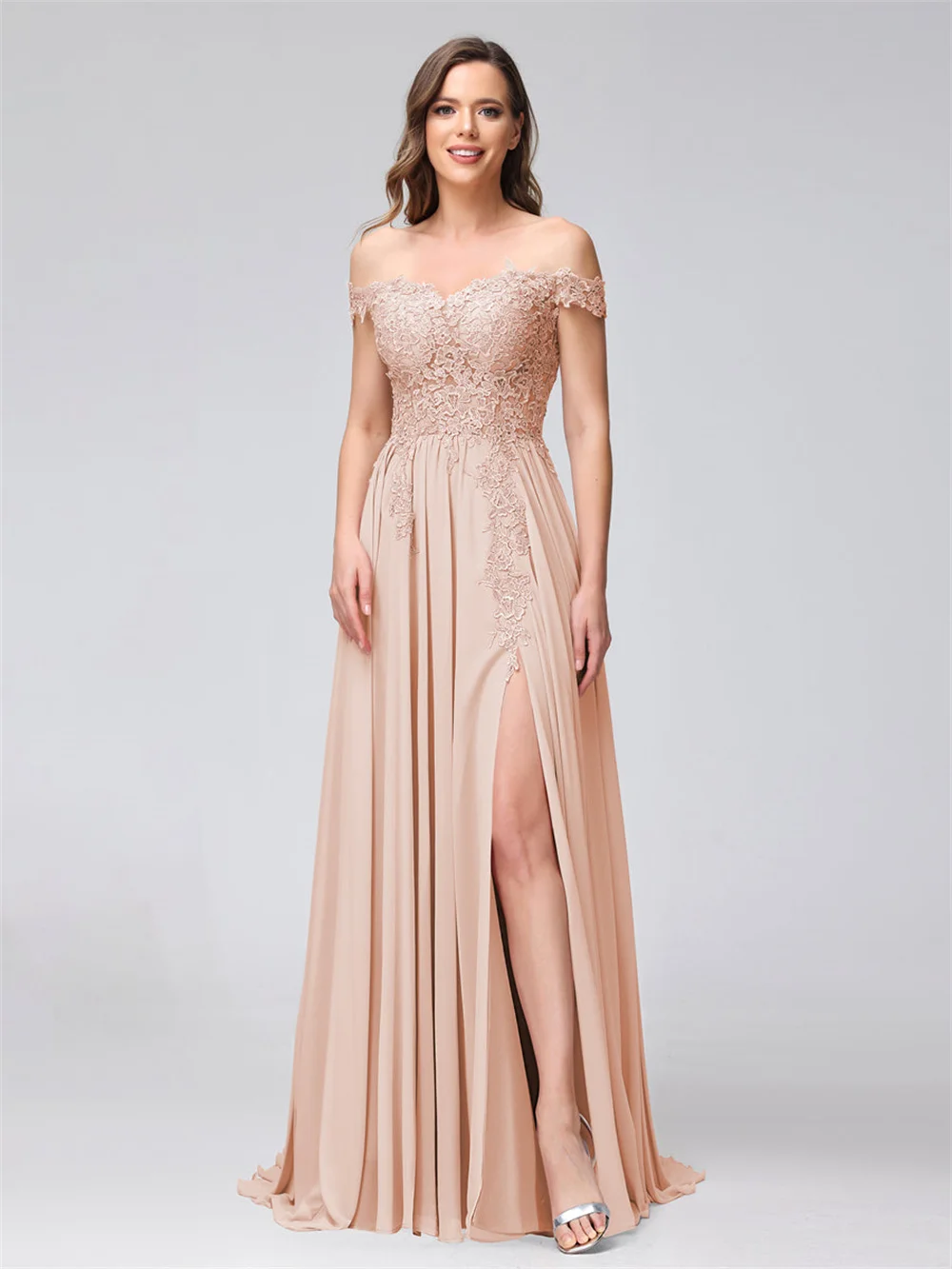 

Off-shoulder Lace Appliques Prom Dresses With Split Strapless Chiffon Corset Sleeveless Formal Evening A-line Bridesmaid Gowns