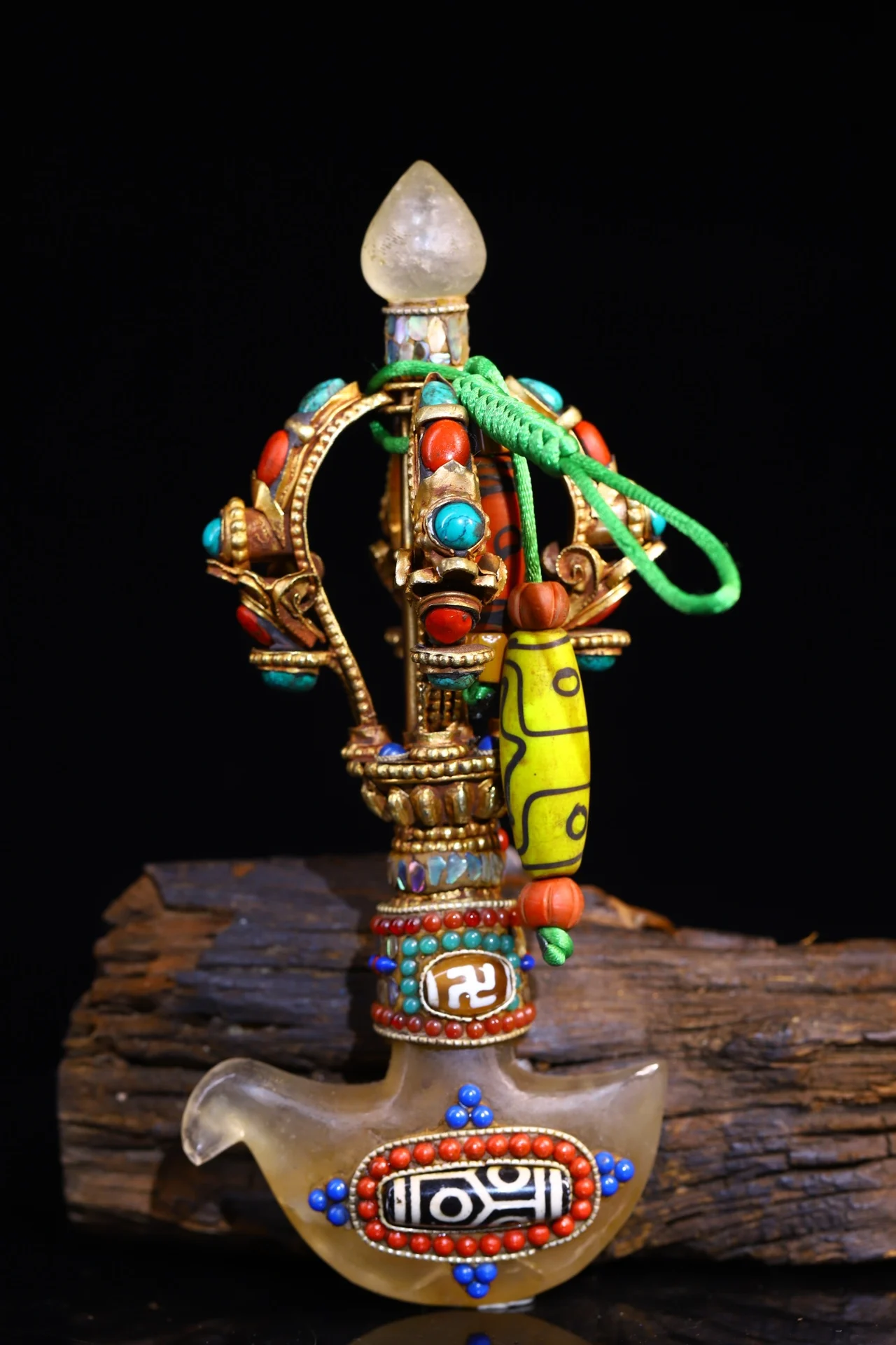 

8"Tibet Temple Collection Old Natural Crystal Mosaic Gem gZi Beads Dorje Vajra Phurpa Amulet Dharma Worship Hall Town house