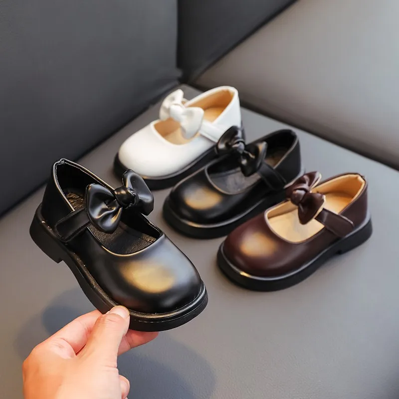 Leather Kids Shoes for Girls with Bow Non Slip Soft Sole