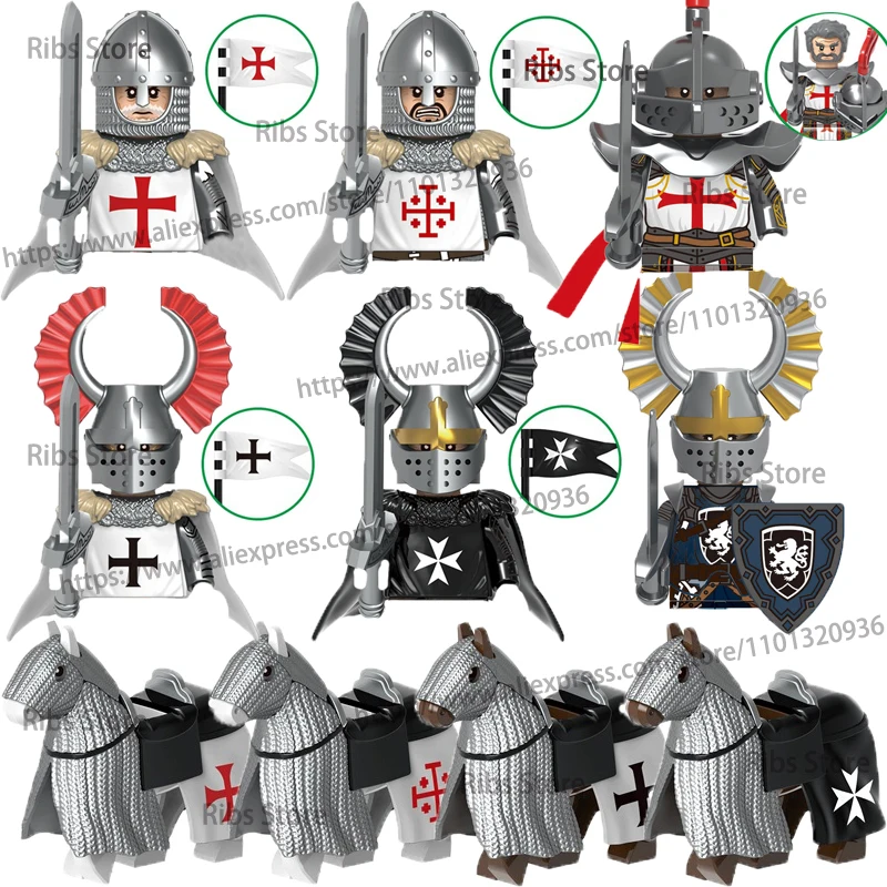 Moc Medievale Armato Soldato Figure Building Blocks Esercito Militare Templare Cavalieri Guerra Cavallo Montaggio Mattoni Armi Giocattolo Regalo D430