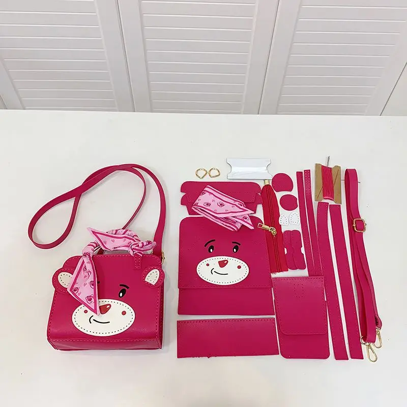 

16x10cm Strawberry Bear Pink DIY Handcraft Shoulder Bag Making Materials Package Weaving Bag Grid Handmade Bags Accessories
