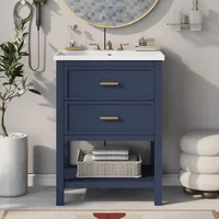 24" Bathroom Vanities with Ceramic Single Sink Combo, Modern Undermount Bathroom Sink Cabinet with 2 Drawers & Open Self 1