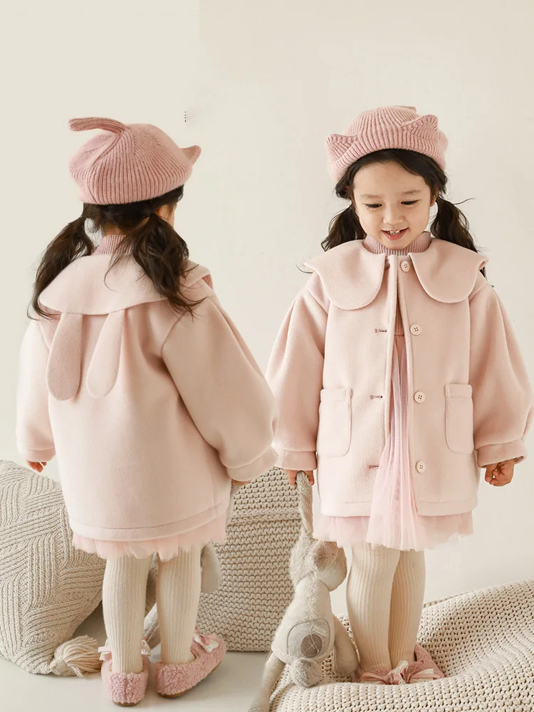 Baby Girls Lapel Cute Big Ears Solid Color Woolen Coat 2023 Autumn Winter Casual Cardigan Long-Sleeved Children's Wool Clothes