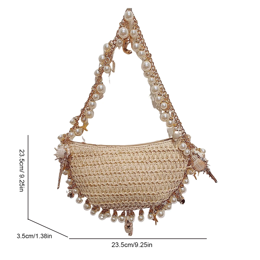 Women Elegant Straw Shoulder Bag Breathable Trendy Beaded Shoulder Bag Handwoven Shiny Pearl Clutch Bag Seaside Soft Clutch