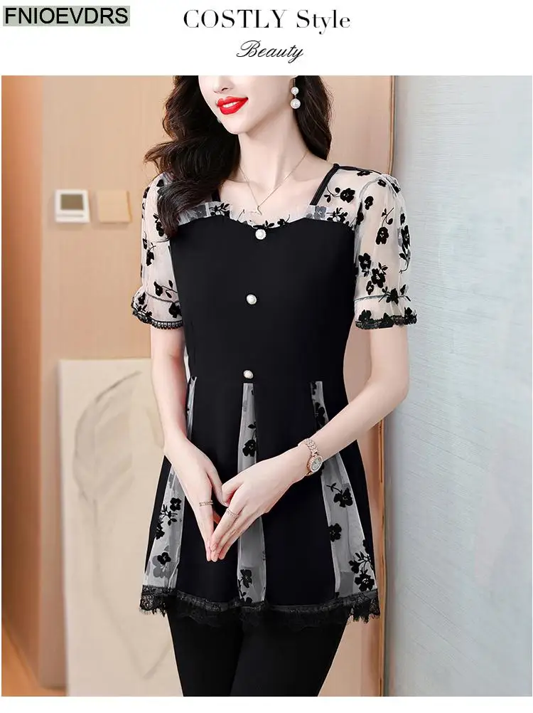 Hot Sales Autumn 2024 Women European Fashion Elegant Black Shirt Sheer Mesh Ruffles Casual Tunic Belly Peplum Tops And Blouses