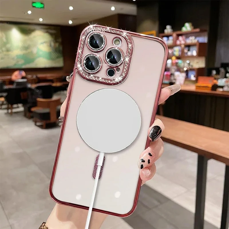 Luxury Bling Crystal Lens Film Case For iPhone 15 16 11 12 13 14 Pro Max 16 Plus Magsafe Magnetic Wireless Charging Clear Cover