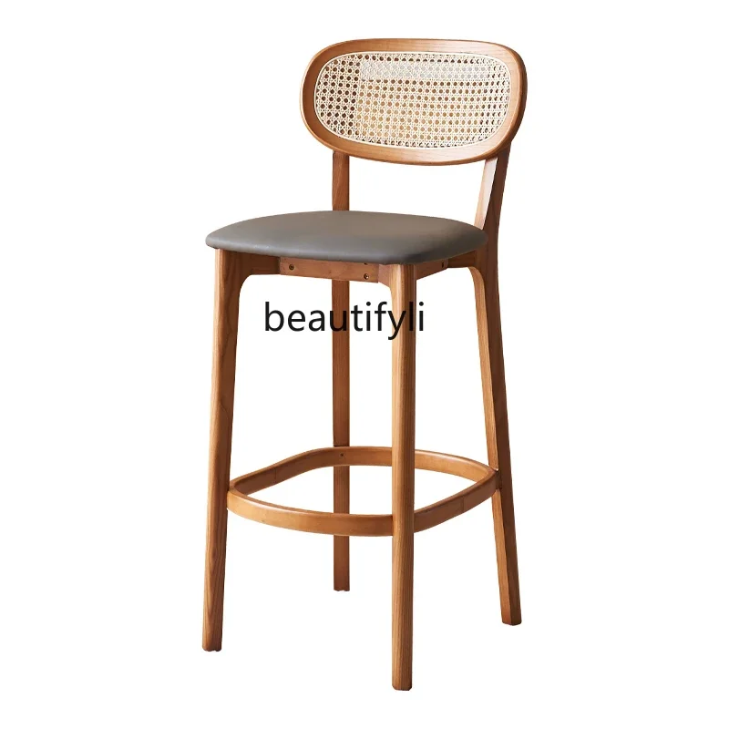 

High-Leg Solid Wood Home Backrest Bar Stool Table and Chair Modern Minimalist Rattan Woven Milk Tea Shop Front Stool
