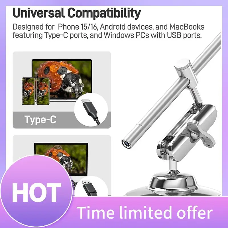 ABFN-USB-C 디지털 현미경, 8개의 LED 조명이 있는 10X  200X 배율 휴대용 카메라, 휴대용 회전 금속 스탠드