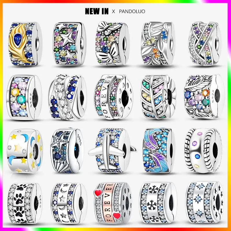 

Hot Selling Colorful Zircon Fixed Buckle Charm Suitable for Pandora 925 Original Bracelet Women Silver Safety Chain Jewelry Gift