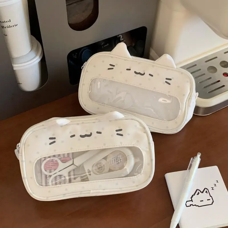 고양이 애호가를 위한 투명창이 있는 휴대용 필통 귀여운 웨이브 포인트 디자인