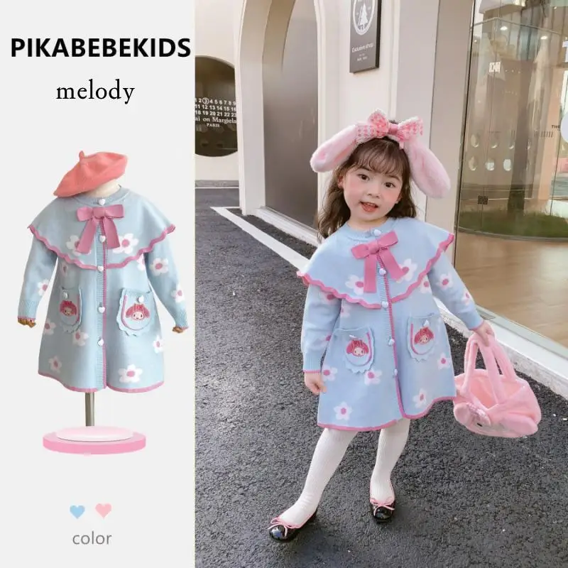 

Anime Character Series Sanrios Girls Dress Melody Autumn Winter Lace Pocket Shawl Style Fashionable Long Sleeved Knitted Skirts