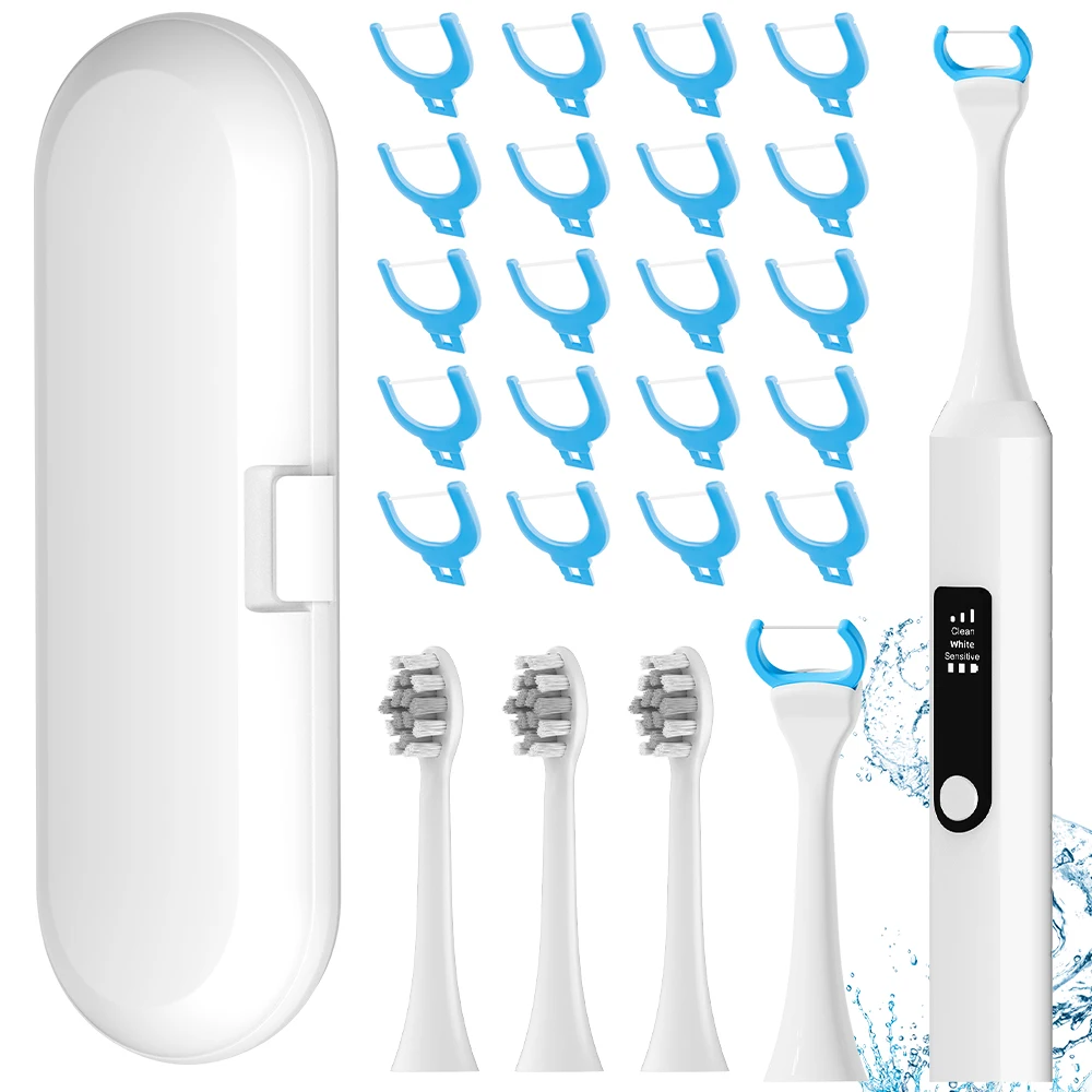 Electric Toothbrush Set with 3 Heads, 20 Floss Picks & Travel Case, 3 Modes & Timer, Compatible with Philips Sonicare Brush Head