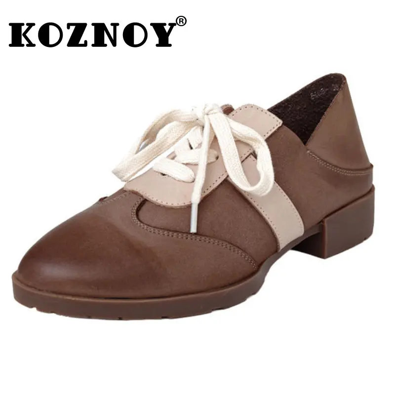 

Koznoy 2.5cm Retro Flats Shoes for Women Natural Genuine Leather Ethnic Moccasins Comfy Lace Up British Bullock Novelty Designer