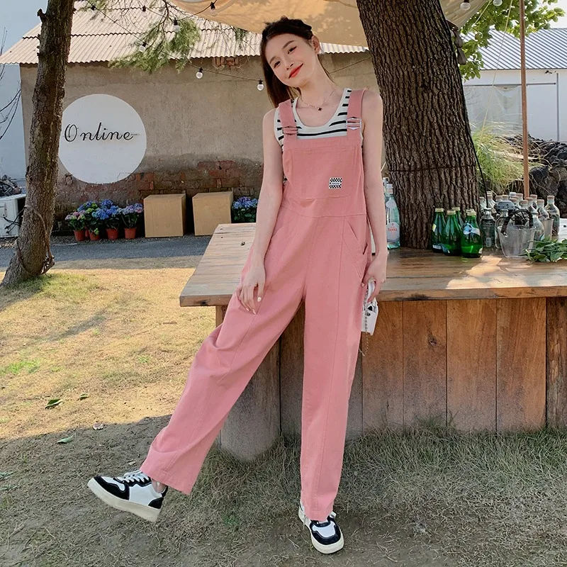 2024 Summer New Jumpsuits Women Korean Sweet Casual Versatile Solid Color Straight Leg Full Length Strap One-piece Pants Female