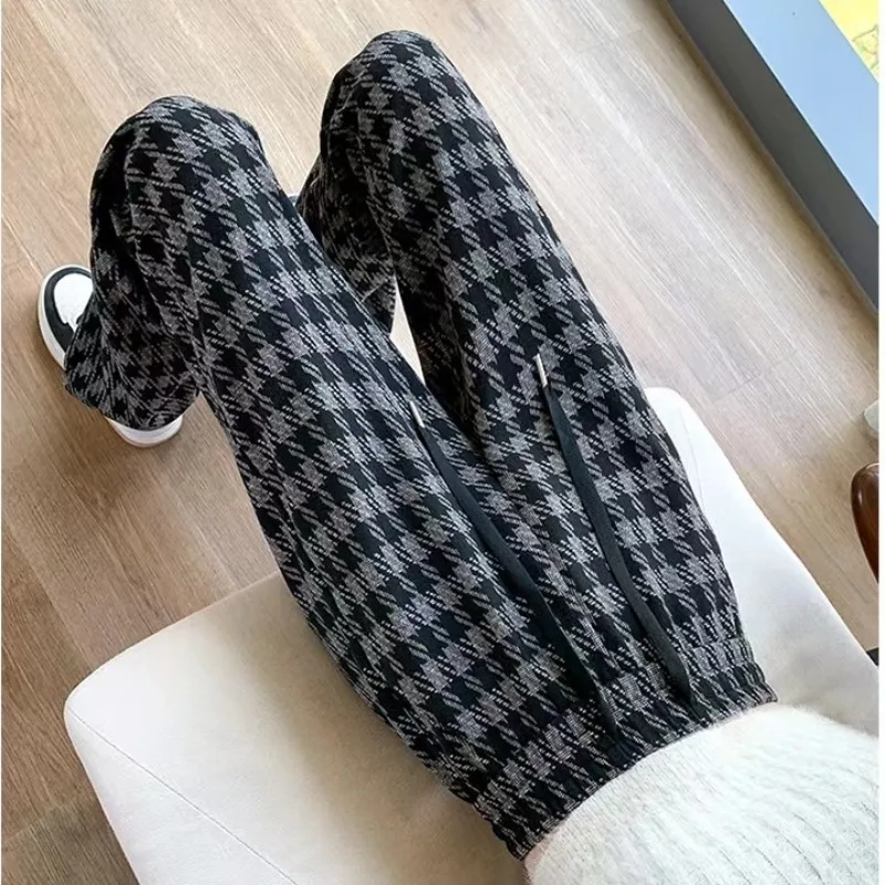 Deeptown Vintage Plaid Straight Pants Black Brown Sweatpants Women Loose Thicken Autumn Winter Korean Style Casual Wide Trousers