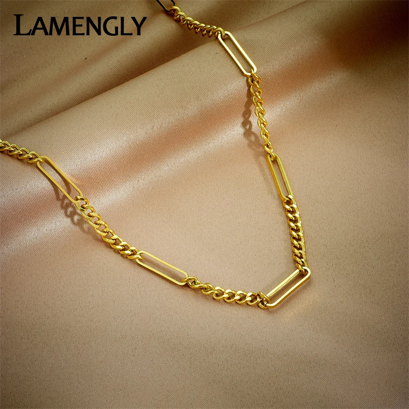 

LAMENGLY 316L Stainless Steel Gold Color Geometric Oval Chain Necklace For Women New Punk Girls Thick Choker Jewelry Gifts