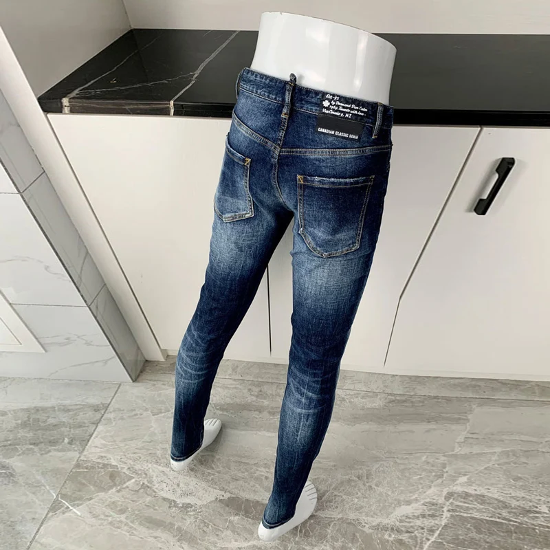 Newly Designer Fashion Men Jeans High Quality Retro Blue Stretch Slim Fit Ripped Jeans Men Vintage Trousers Brand Denim Pants