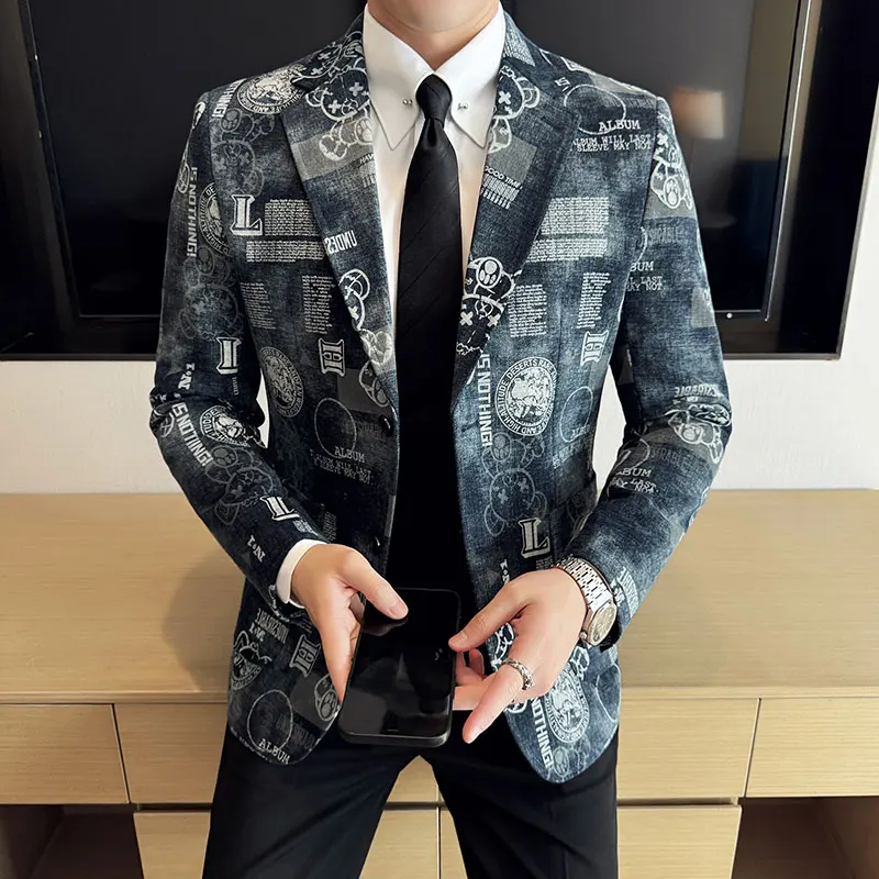 Autumn Winter Jacquard Denim Suit Jacket for Men Fashion Business Casual Blazers Streetwear Social Men Clothing