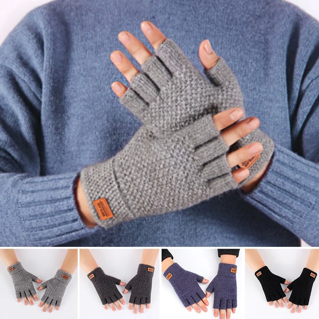 Guantes de cuero sin dedos para hombre, manoplas elásticas de medio dedo  para bicicleta al aire libre, guantes cálidos de invierno - AliExpress
