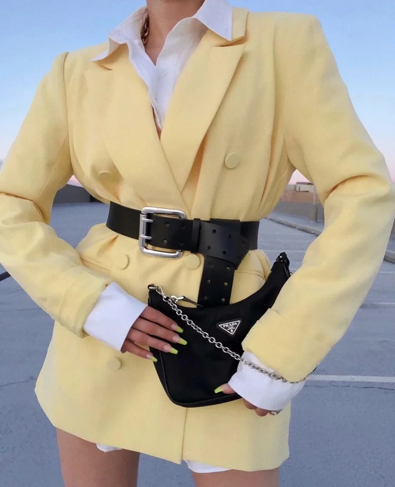 Yellow British Style Blazer 2024 Women Solid Colors Double Breasted Casual Office Blazer Suit New Fashion Work Commute Clothes