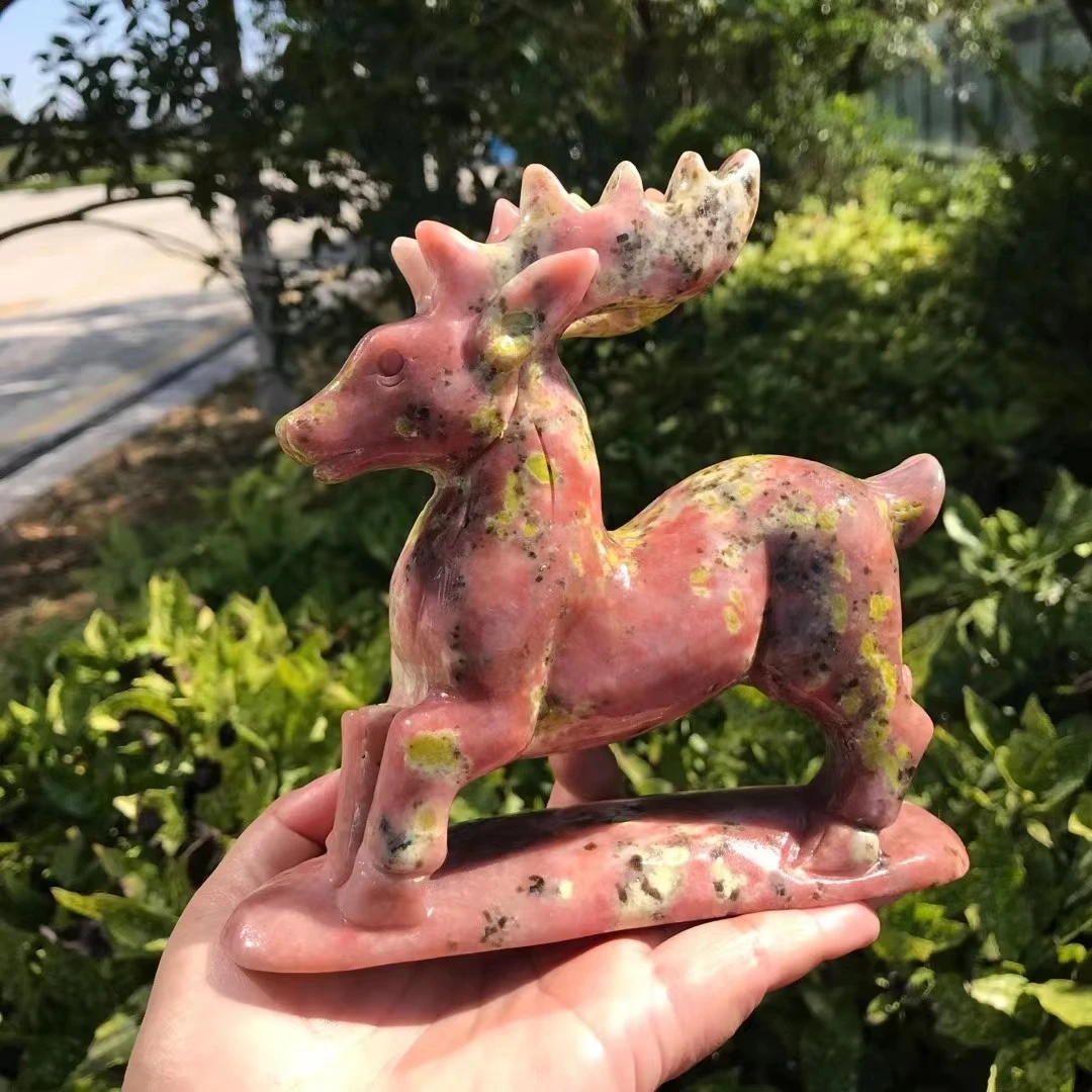 

15cm Deer Statue Natural Peach blossom tourmaline Crystal Carved Healing Animal Figurine Reiki Gemstone Crafts Home Decoration