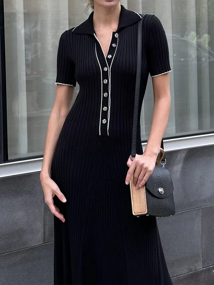 

Elegant Solid Buttons Knitted Maxi Dress Women Slim Lapel Short Sleeve Ribbed Dresses 2023 Summer Female Chic Streetwear Robe