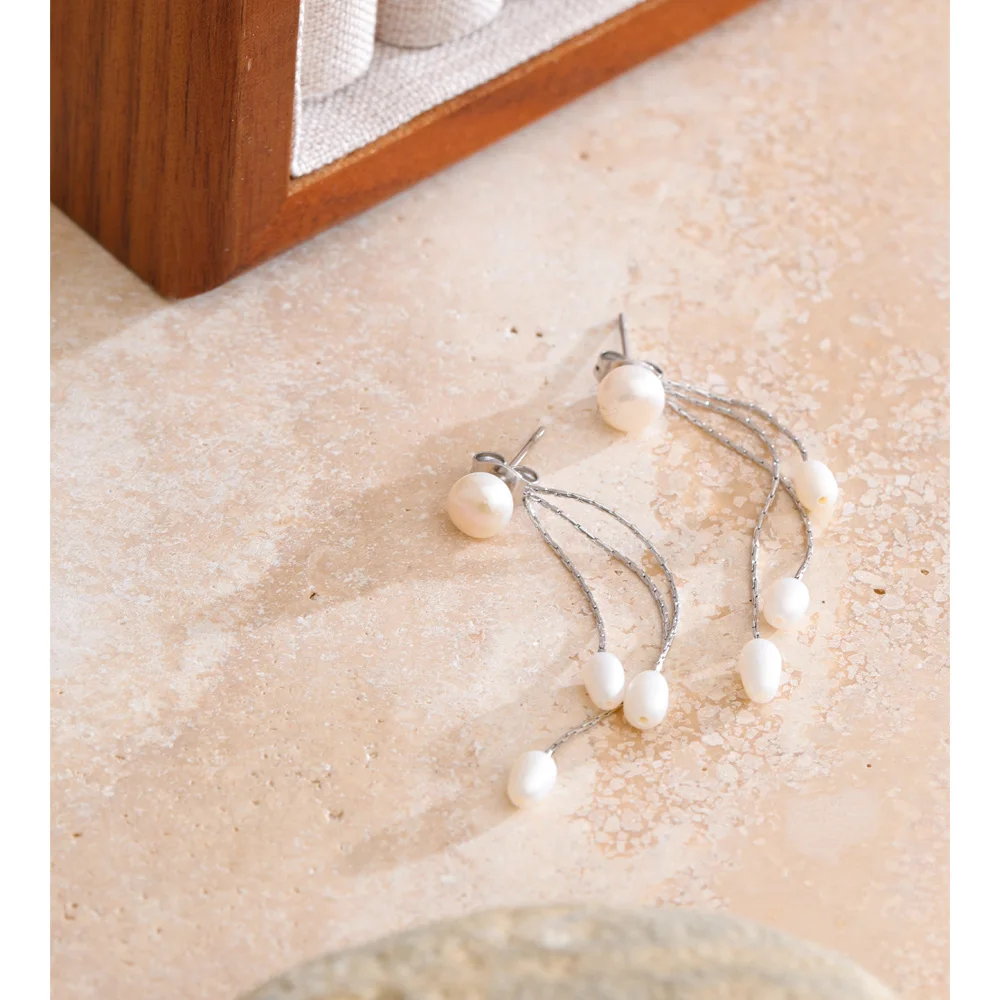 Yhpup Earrings Freshwater Pearls Chain for Women
