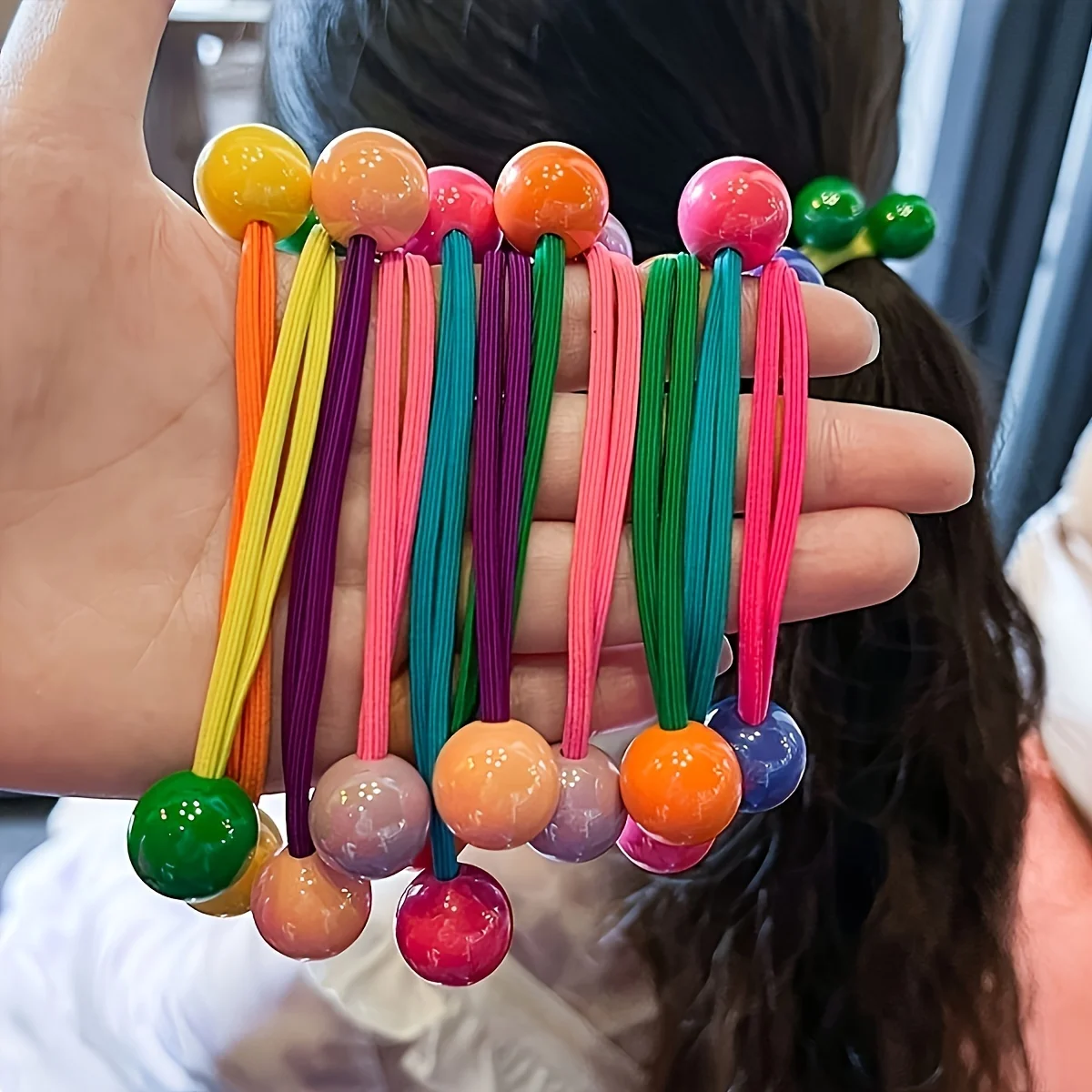 Vibrant Non-Slip Ponytail Holders with Ball Accents – Set of 7 Hair Ties