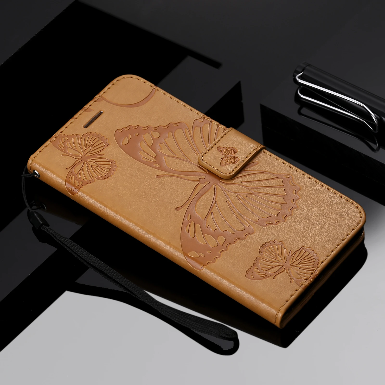 Elegant Leather Flip Wallet Case | Butterfly Embossed Design with Card Holder