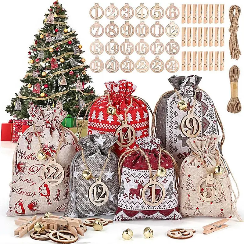 thumbnail image 1 of Calendario de Adviento de Navidad Bolsas de dulces Cuenta regresiva de 24 días para Navidad Bolsas de arpillera reutilizables Bolsas de regalo con cordón para niños, 1 of 4