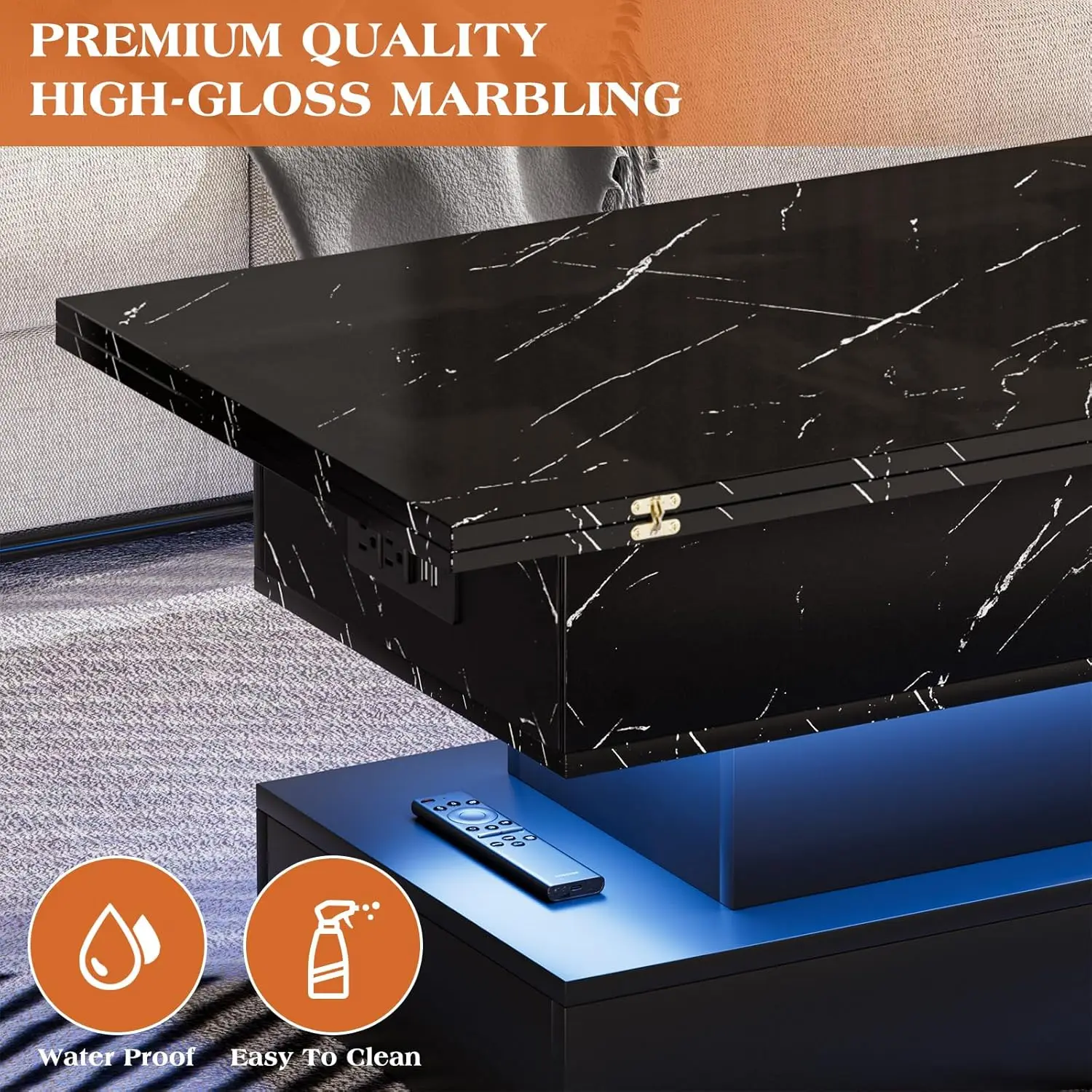 Modern High Glossy Center Table with LED Light, 3 in 1 Multifunctional Coffee Table with Storage & Hidden Compartments