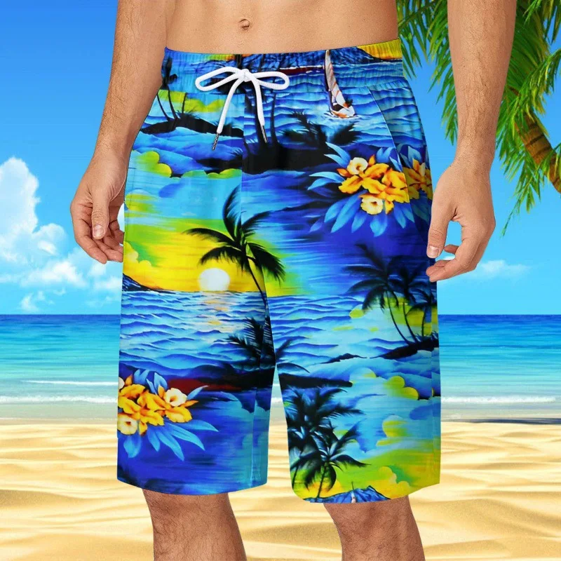 Mens Hawaiian Beach Shorts Coconut Tree Print