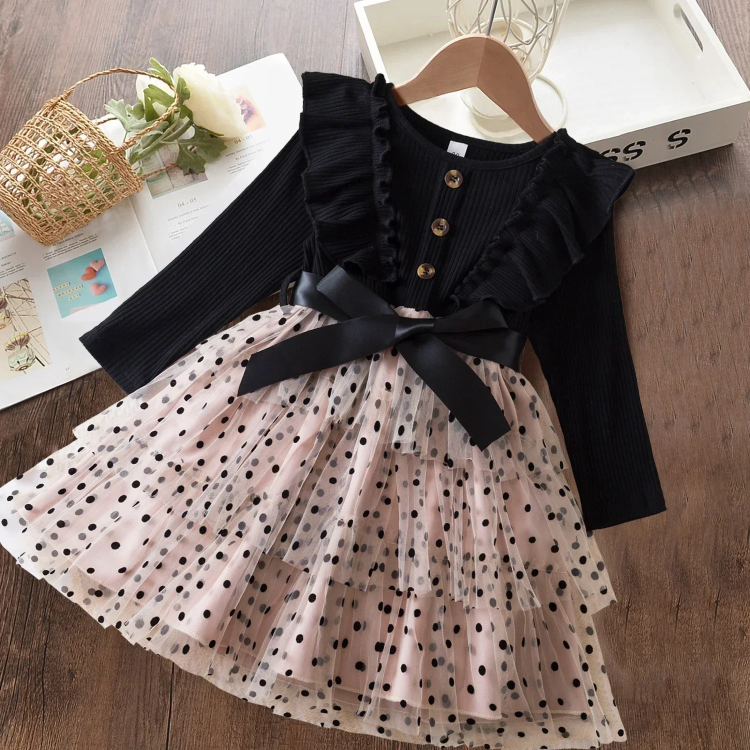 Vestido De Niña Básico De Manga Larga - Corte A, Cuello Redondo, Algodón Suave, Para Otoño-invierno