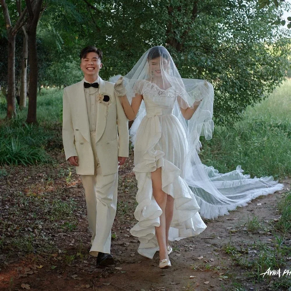 Long Ruffle Veil Bridal Veil with Blusher Bride Long 2 Tiers Puffy Ruffled Edge Soft Fluffy Wedding Veu de Noiva