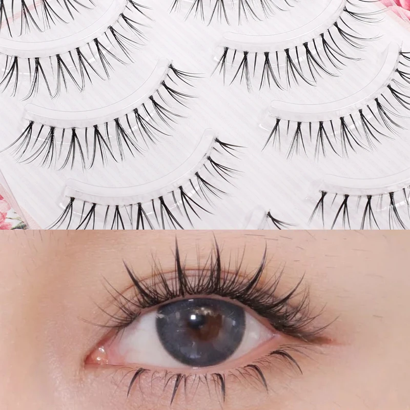 

3D Faux Mink Hair Cross False Eyelashes 5 Pairs Natural Long Handmade Thick Invisible Band Eye Lashes Makeup Extension Tools