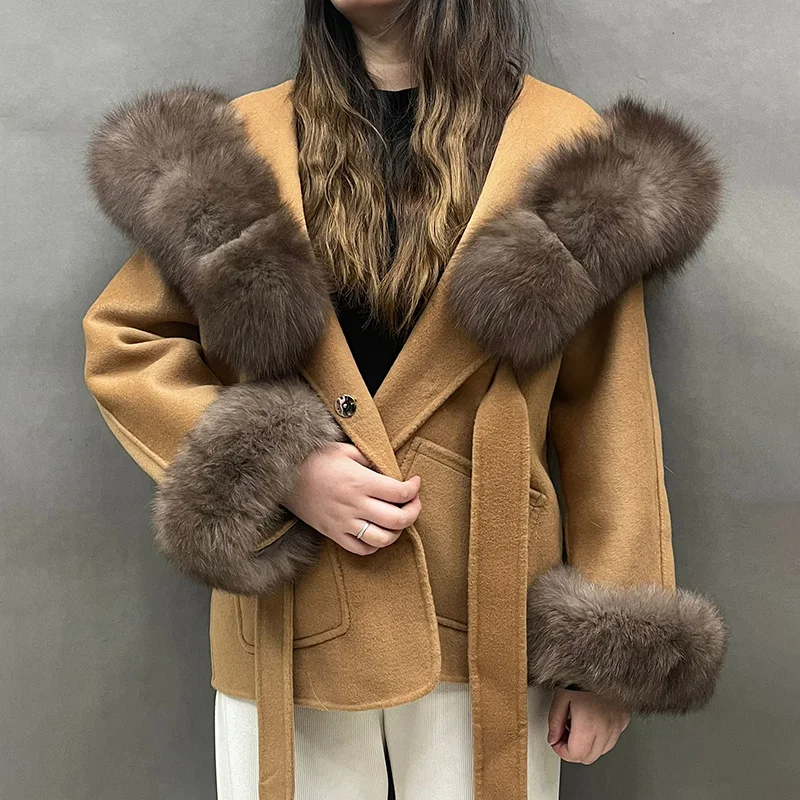 Winter Women Wool Jacket Lace-up Coat Cuffs Removable Fox Fur
