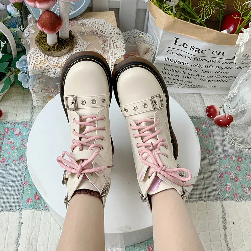 Sweet Cute Japanese Style Women's Solid Color Boots Autumn and Winter Lolita Fleece-lined Warm Rivet Metal Decorative Boots