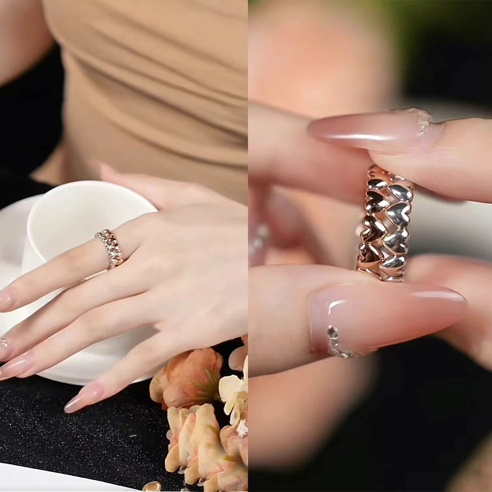 من المألوف 925 فضة ثلاثي الألوان متصل على شكل قلب ومنسوج ومنزلق على شكل قلب بطبقة مزدوجة خاتم على شكل زوجين مجوهرات