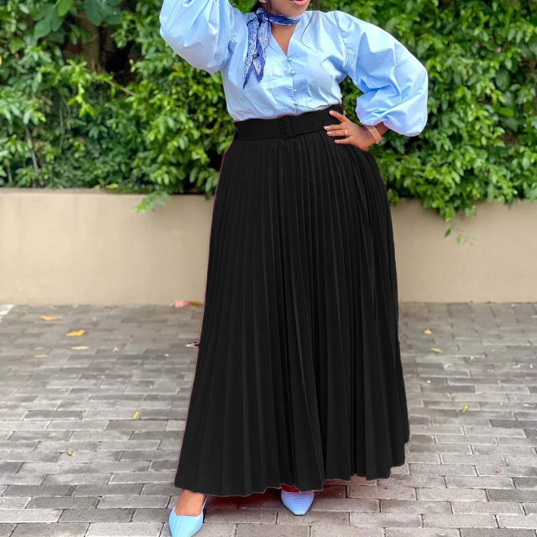 Plus Size Women Pleated Skirts Solid Chubby Elegant Party Dress 2022 Fall Casual Robe Female Designer Skirt Fashion Belt Outfit