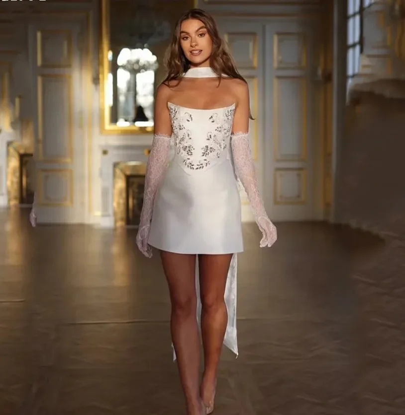 2025 Sexy Short Wedding Dress With Gloves Strapless Beads Sequins Bride Bridal Party Gowns Vestidos De Noiva Customized - AliExpress 