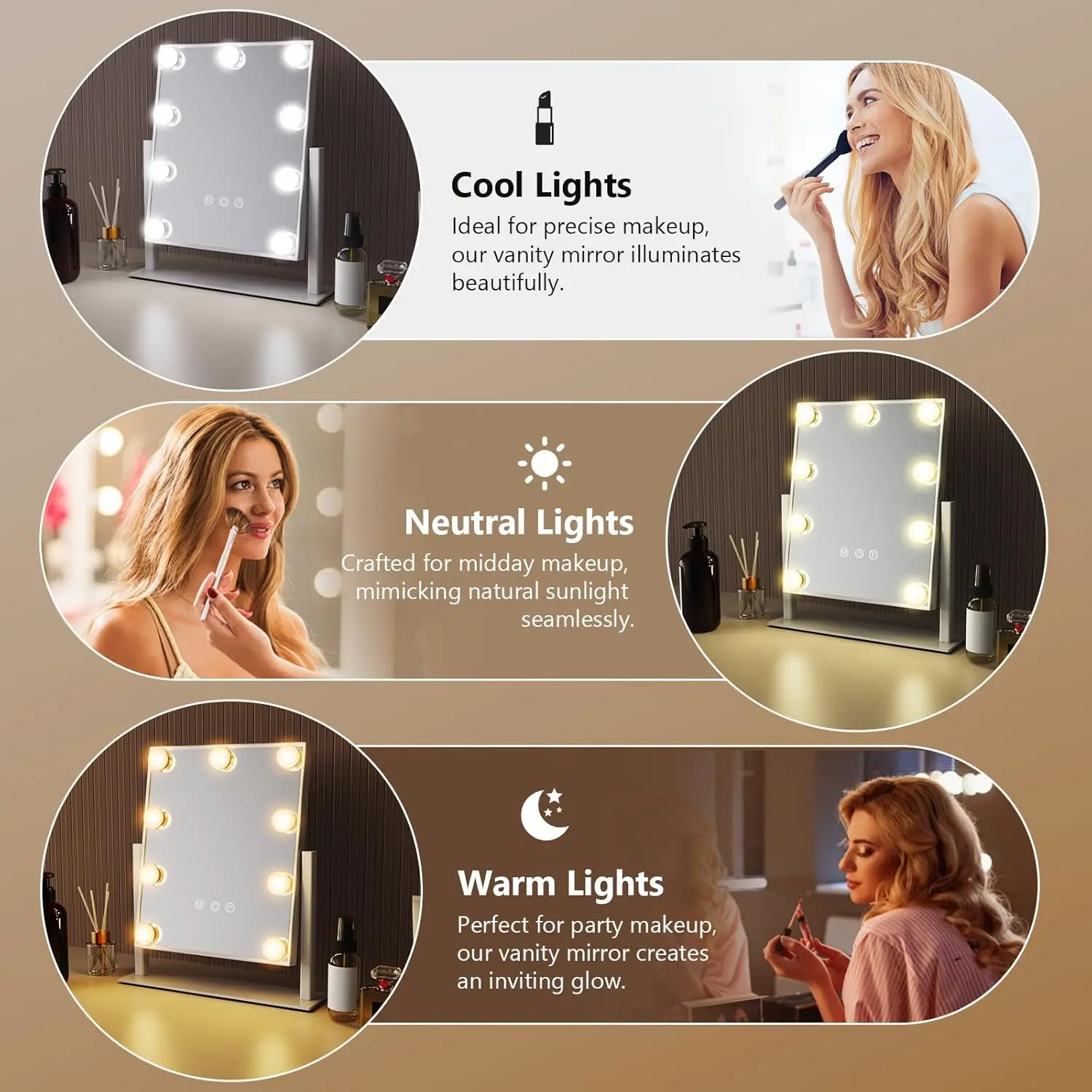 9개의 LED 전구를 갖춘 할리우드 스타일 화장 거울 3가지 색상 조명 옵션 360 °   드레스룸과 침실에 완벽한 회전