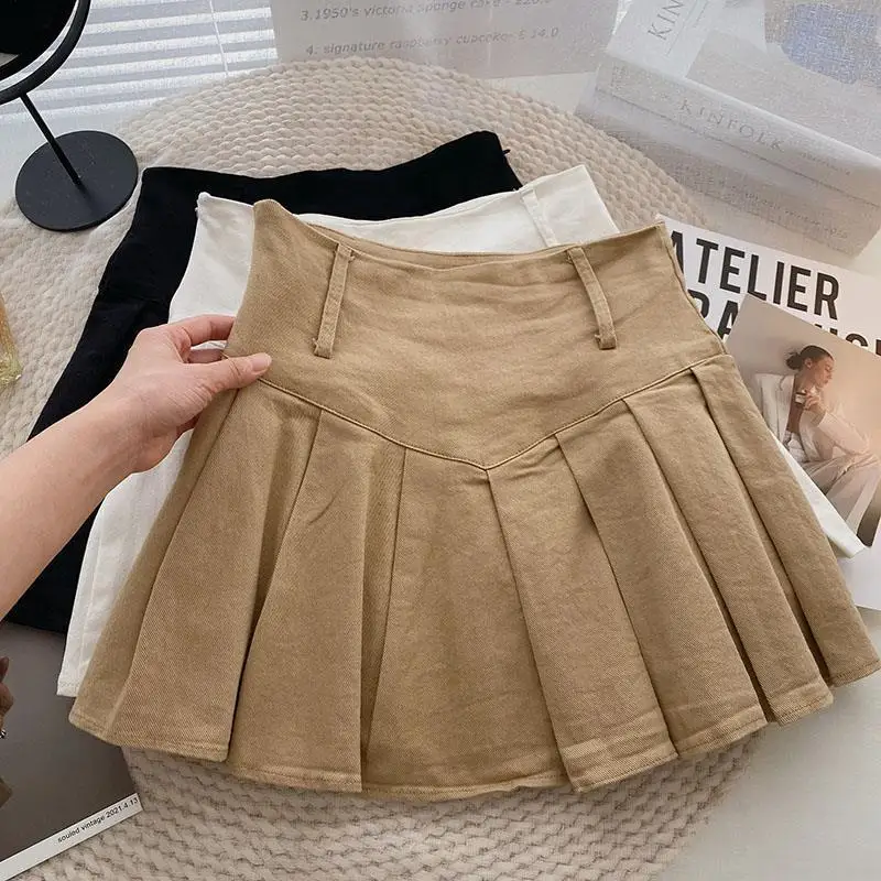 Pure Color Women's Skirt Korean Fashion with Belt High Waist