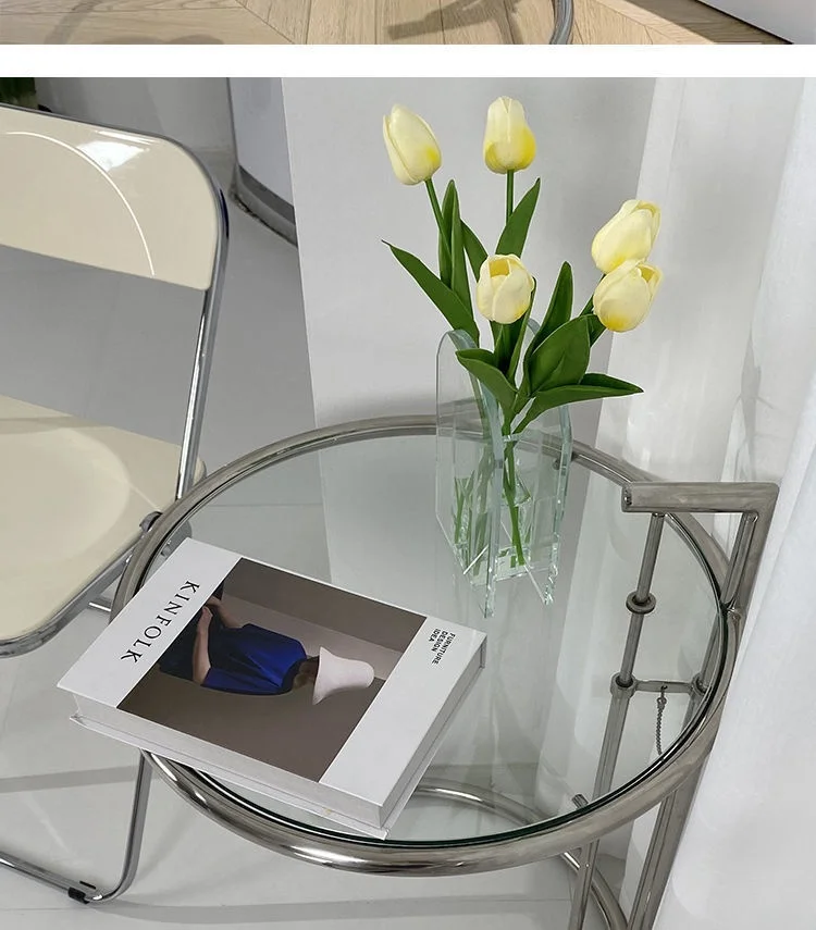 Description Picture 6 of itemX&D Retro Lift Transparent Tea Table Stainless Steel Internet Celebrity Photo Glass Round Ins Home Sofa Side Table Coffee Table