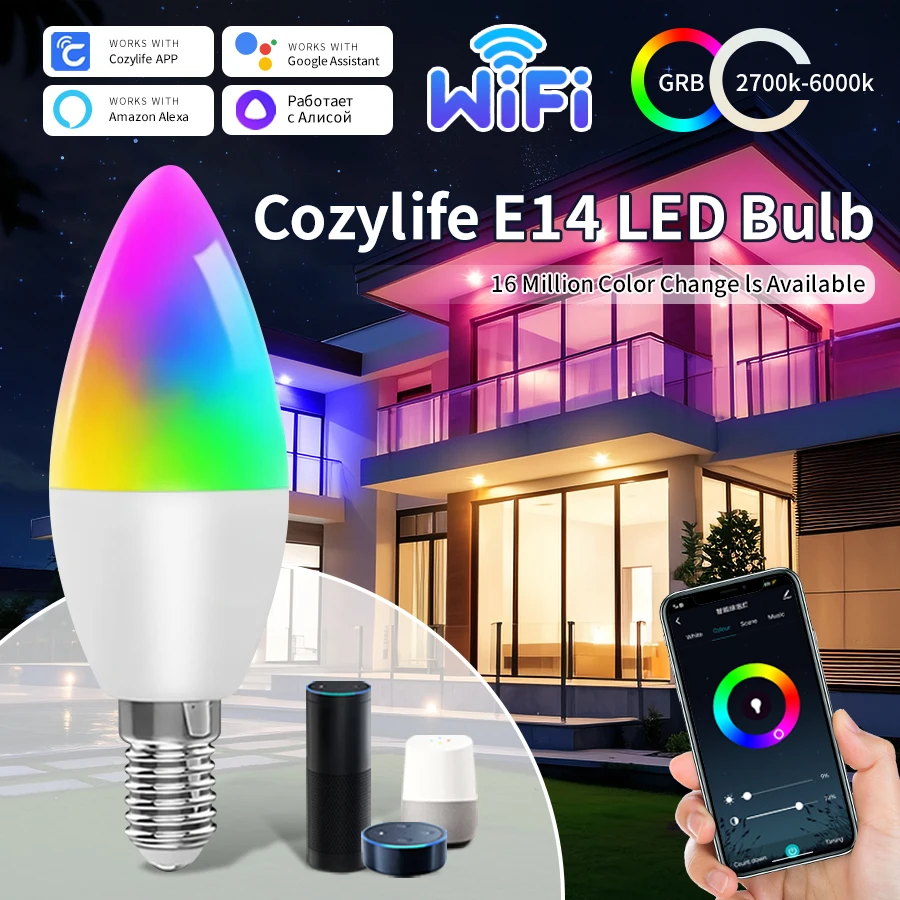 Cozylife WiFi Smart LED Light Bulb E14 9W Candle RGB Dimmable APP Voice Control Alexa Google Home smart led light bulbs