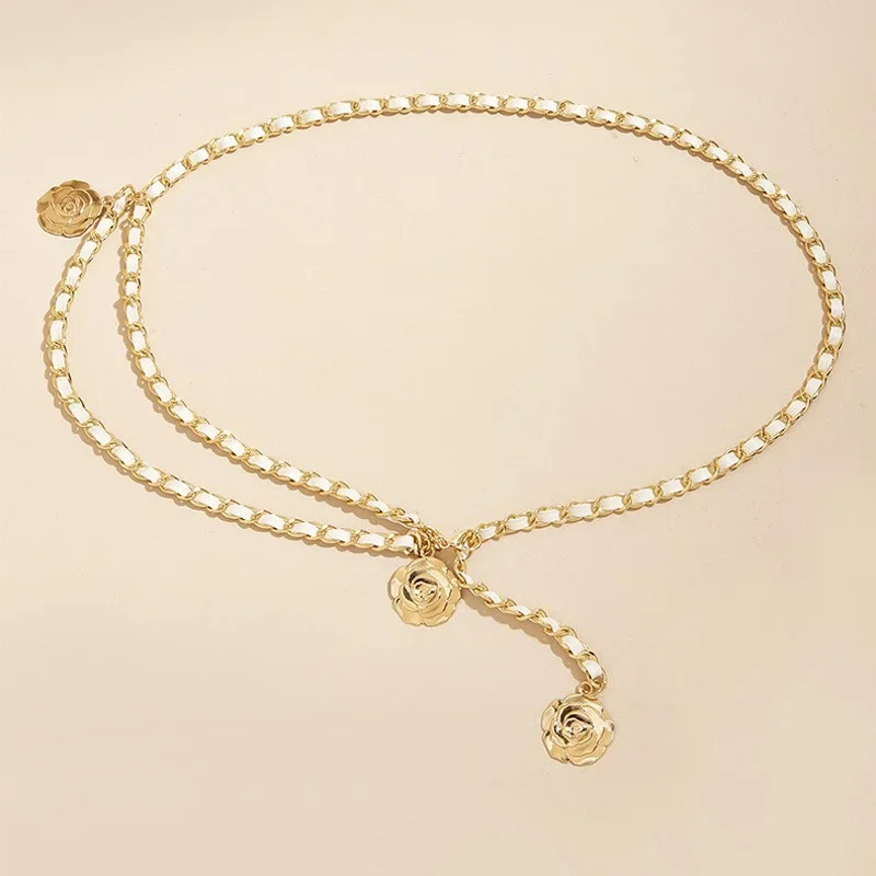 Cinturones de cadena de metal para cintura para mujer, cadena con colgante de flor redonda, correa de cuerda, cintura fina para mujer, decoración de camisa de vestir