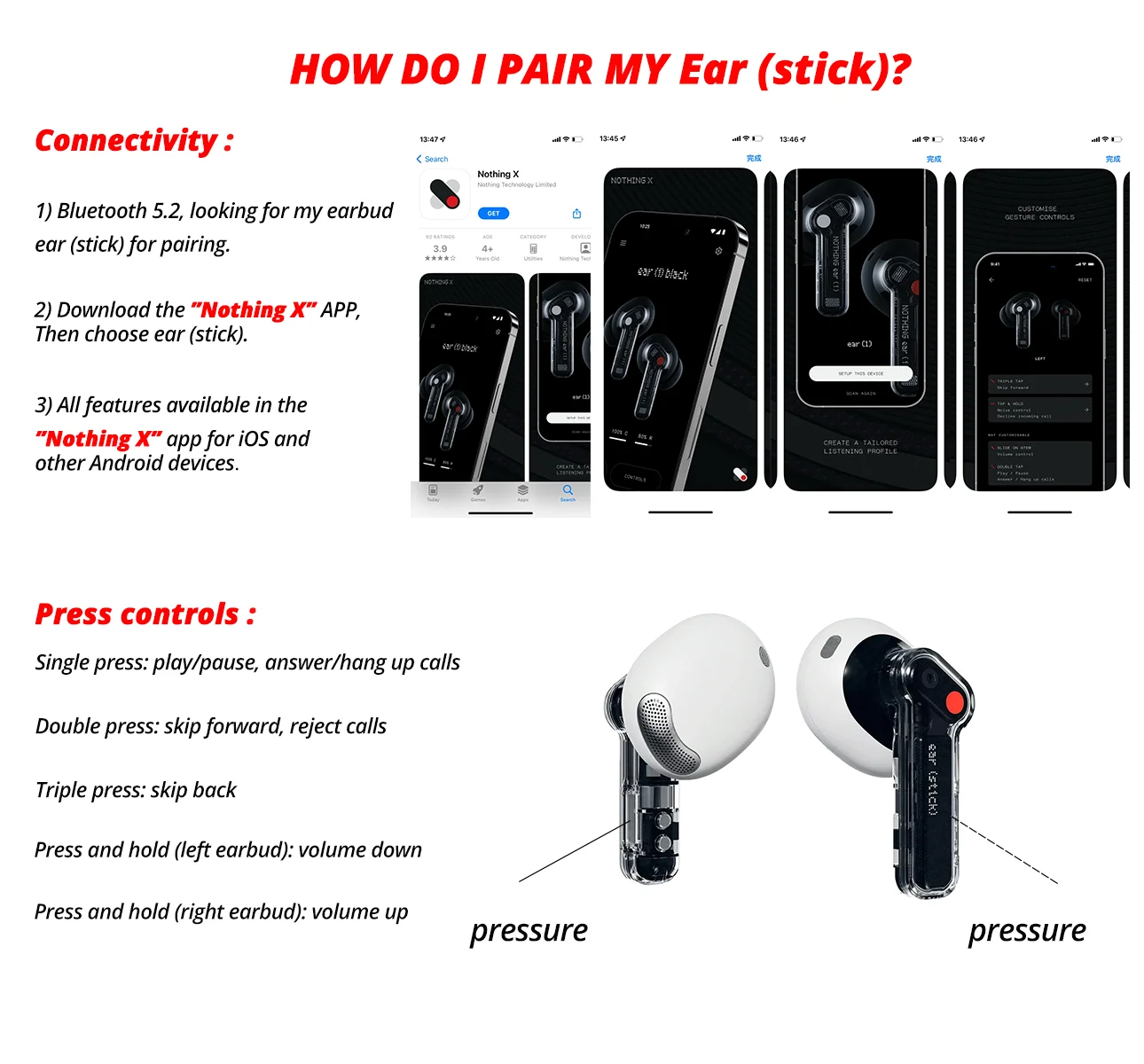 Nothing Ear (stick) - wireless earbuds, comfortable ergonomic design, 4.4g  ultra lightweight, custom dynamic driver, Clear Voice Technology, press