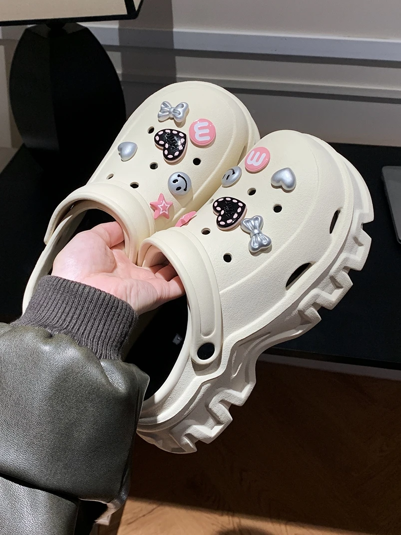 Thick Sole Garden Shoes Women's Slippers Summer Outdoor Sandals Love Bow DIY Hole Shoes Beach Vacation Elevated Beach Shoes