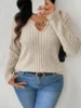 Plus size women's solid color V-neck top, decorated with metal chains, casual and elegant pullover sweater, romantic holiday and