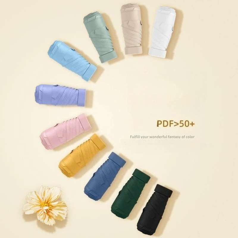 Flat Capsule Umbrella Mini 5-Fold UV Protection Sun and Rain Umbrella Portable Case with Shoulder Strap Black Coating Windproof